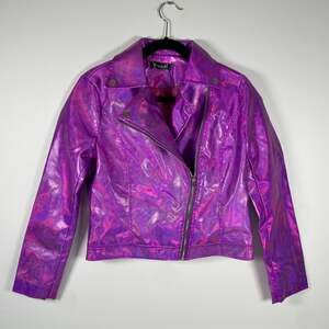 Y2K Allegra K Women's Metallic Biker Holographic Shiny Notched Moto Jacket